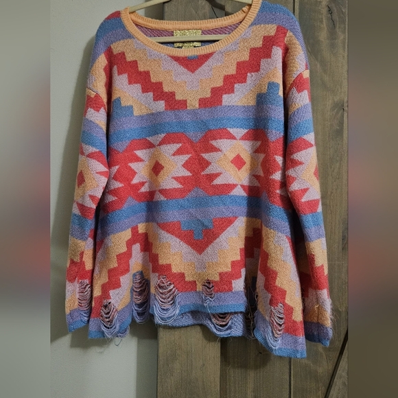 WILDFOX Desert Drive Multicolor PatternedSweater in Acid Pink. Size Small - Picture 5 of 15